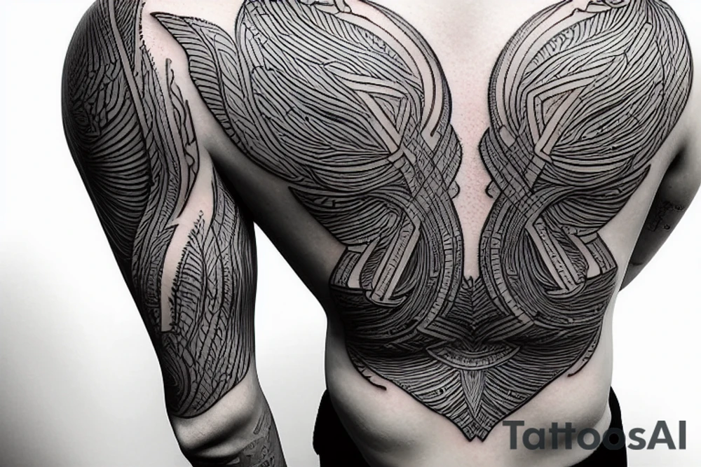 dynamic linear bold minimal space armor backpiece tattoo idea