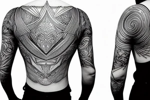 dynamic linear bold minimal space armor asymmetric backpiece tattoo idea