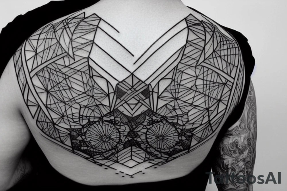 dynamic linear bold minimal space armor asymmetric backpiece tattoo idea