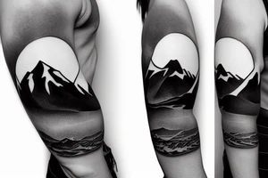 Line art sleeve silhouette of mount Rainer pointing upwards and mount cook in New Zealand pointing downwards tattoo idea