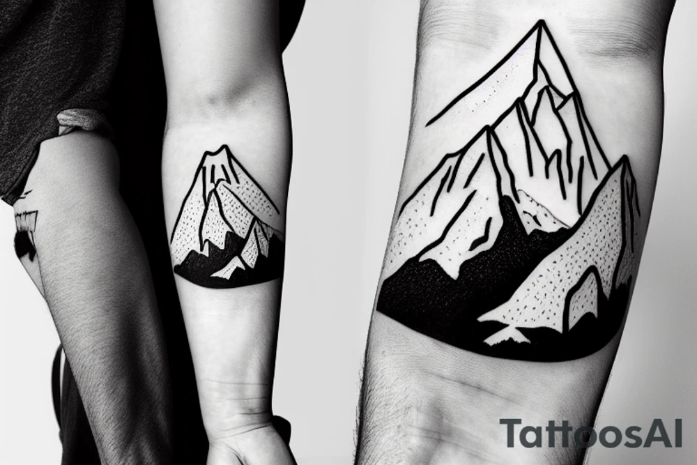 Line art sleeve silhouette of mount Rainer pointing upwards and mount cook in New Zealand pointing downwards tattoo idea