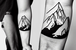 Line art sleeve silhouette of mount Rainer pointing upwards and mount cook in New Zealand pointing downwards tattoo idea