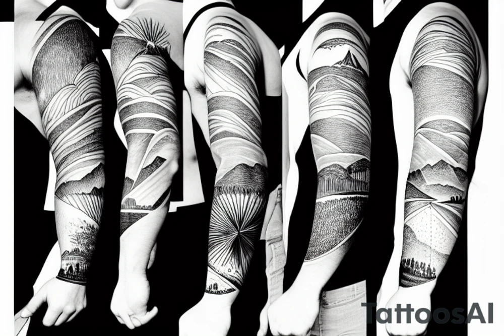Line art sleeve silhouette of mount Rainer pointing upwards and mount cook in New Zealand pointing downwards representing north and south tattoo idea