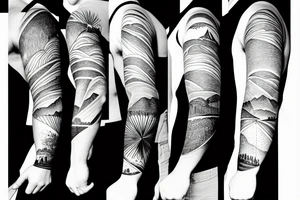 Line art sleeve silhouette of mount Rainer pointing upwards and mount cook in New Zealand pointing downwards representing north and south tattoo idea