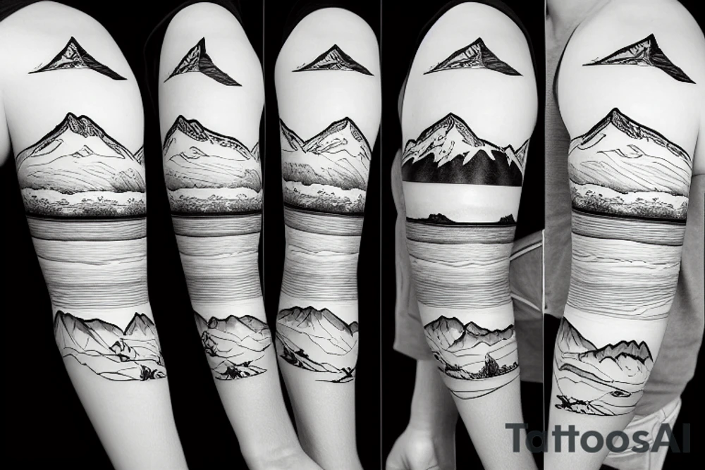 Line art sleeve silhouette of mount Rainer pointing upwards and mount cook in New Zealand pointing downwards representing north and south tattoo idea