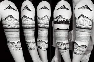 Line art sleeve silhouette of mount Rainer pointing upwards and mount cook in New Zealand pointing downwards representing north and south tattoo idea