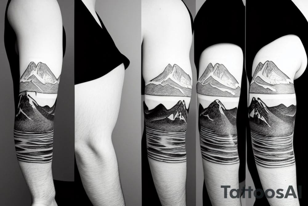 Line art sleeve silhouette of mount Rainer pointing upwards and mount cook in New Zealand upside down like they’re on opposite sides of the earth tattoo idea