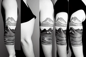 Line art sleeve silhouette of mount Rainer pointing upwards and mount cook in New Zealand upside down like they’re on opposite sides of the earth tattoo idea