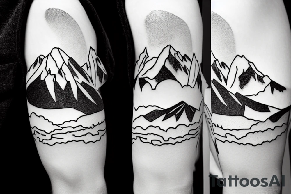 Line art sleeve silhouette of mount Rainer pointing upwards and mount cook in New Zealand upside down like they’re on opposite sides of the earth tattoo idea
