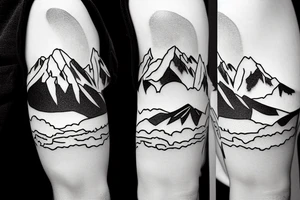 Line art sleeve silhouette of mount Rainer pointing upwards and mount cook in New Zealand upside down like they’re on opposite sides of the earth tattoo idea