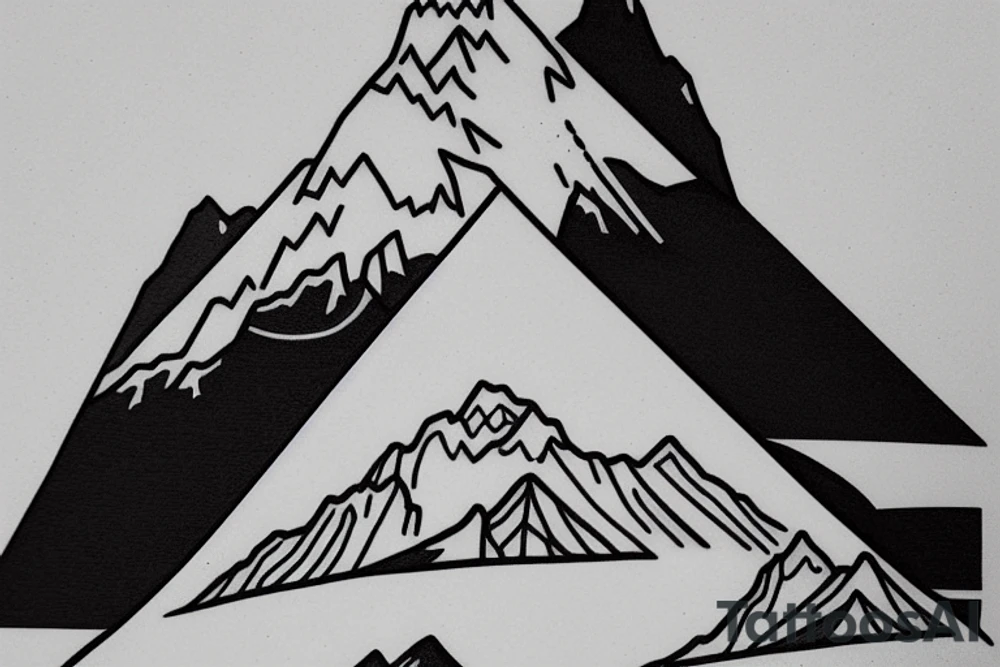 Line art sleeve silhouette of mount Rainer pointing upwards and aoraki mount cook  upside down with an ocean between them tattoo idea