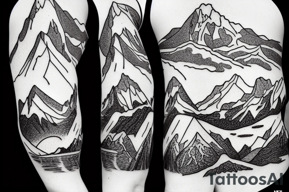 Line art sleeve silhouette of mount Rainer pointing upwards and aoraki mount cook  upside down with an ocean between them tattoo idea
