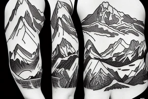 Line art sleeve silhouette of mount Rainer pointing upwards and aoraki mount cook  upside down with an ocean between them tattoo idea