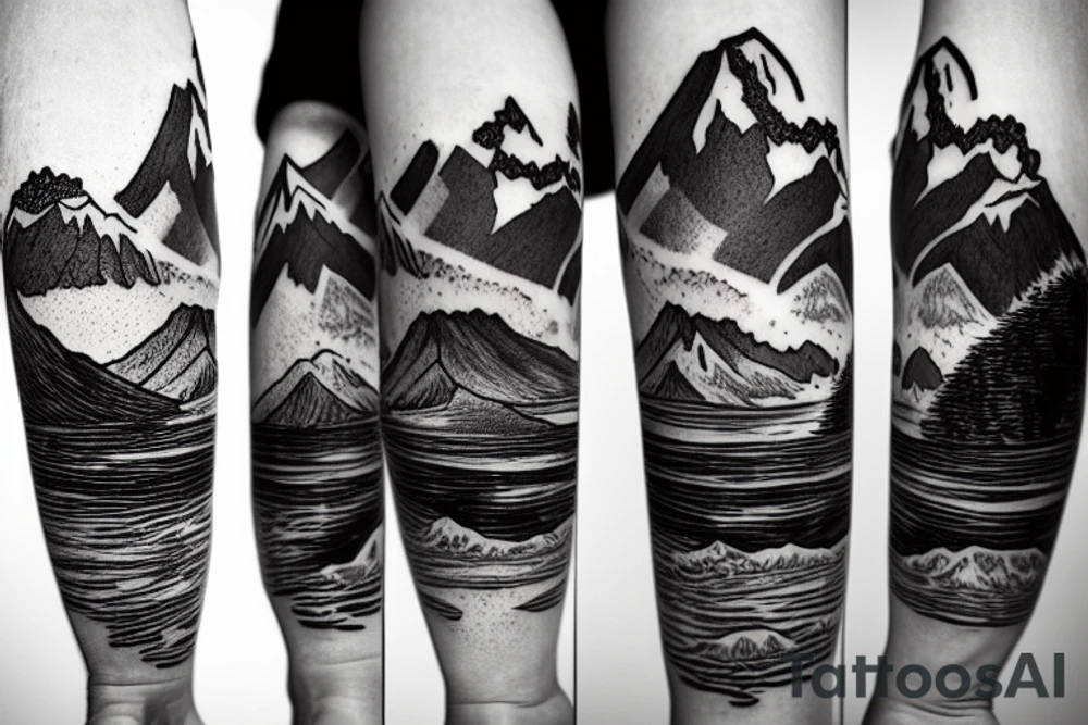 Line art sleeve silhouette of mount Rainer up the forearm and aoraki mount cook  upside down with an ocean between them tattoo idea