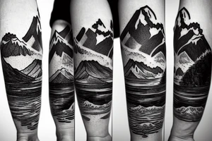 Line art sleeve silhouette of mount Rainer up the forearm and aoraki mount cook  upside down with an ocean between them tattoo idea
