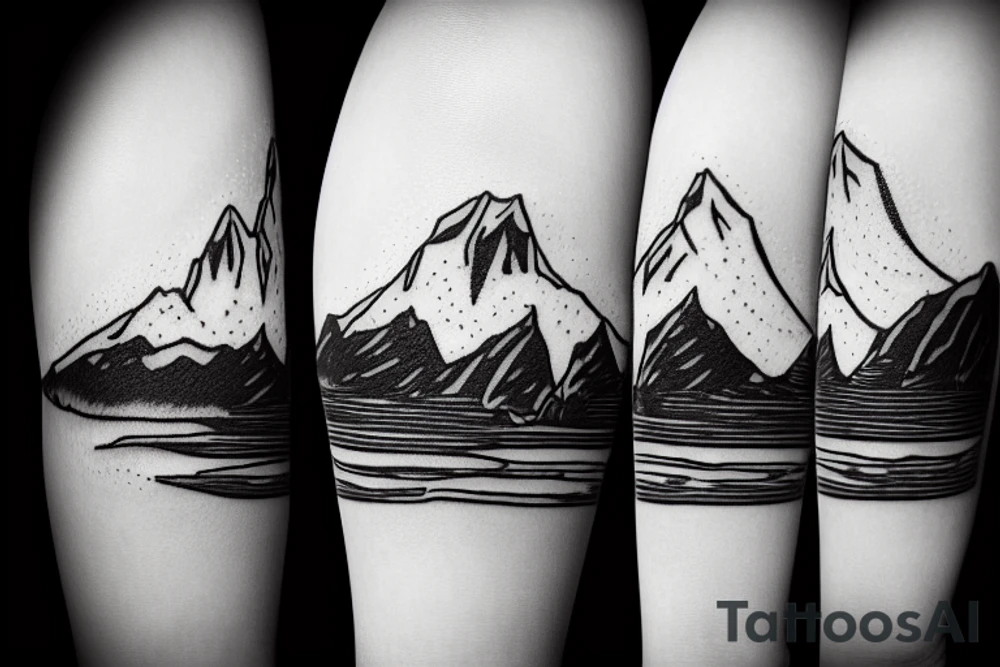 Line art sleeve silhouette of mount Rainer up the forearm and aoraki mount cook  upside down with an ocean between them tattoo idea