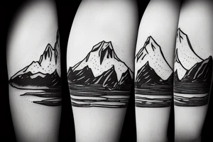 Line art sleeve silhouette of mount Rainer up the forearm and aoraki mount cook  upside down with an ocean between them tattoo idea