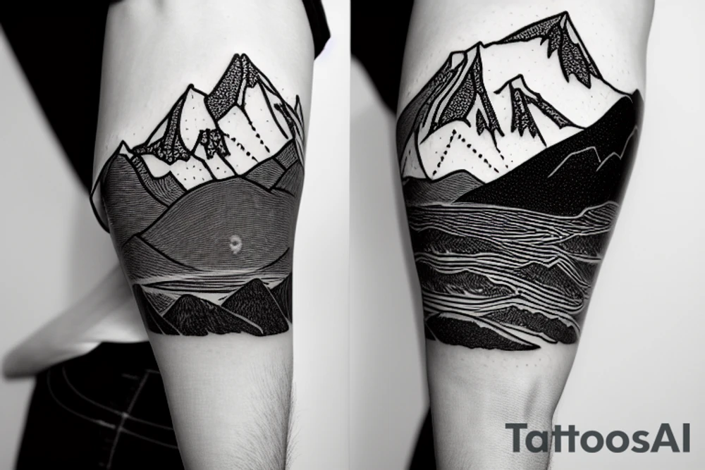 Line art sleeve silhouette of mount Rainer up the forearm and aoraki mount cook  upside down with the peak near the worst with an ocean between them tattoo idea