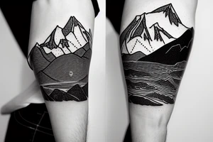 Line art sleeve silhouette of mount Rainer up the forearm and aoraki mount cook  upside down with the peak near the worst with an ocean between them tattoo idea