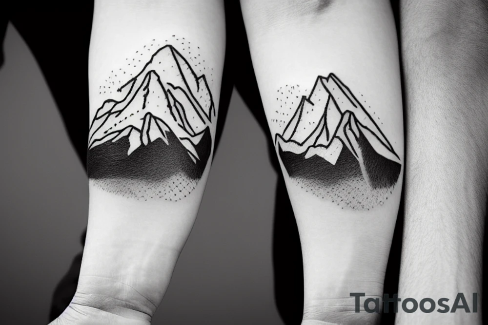 Line art sleeve silhouette of mount Rainer up the forearm and aoraki mount cook  upside down with the peak near the worst with an ocean between them tattoo idea