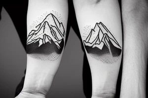 Line art sleeve silhouette of mount Rainer up the forearm and aoraki mount cook  upside down with the peak near the worst with an ocean between them tattoo idea
