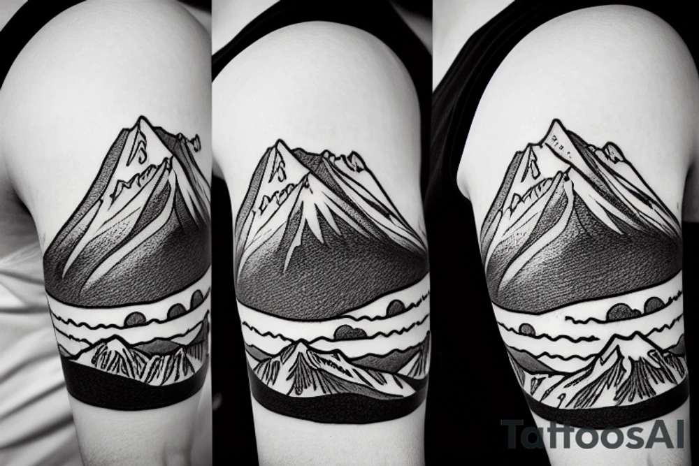 Line art sleeve silhouette of mount Rainer up the forearm and aoraki mount cook  upside down with the peak near the worst with an ocean between them tattoo idea