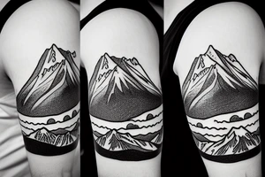 Line art sleeve silhouette of mount Rainer up the forearm and aoraki mount cook  upside down with the peak near the worst with an ocean between them tattoo idea