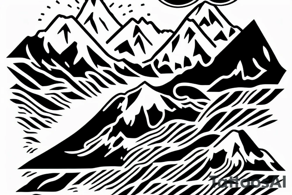 Line art sleeve silhouette of mount Rainer up the forearm and aoraki mount cook  upside down with the peak near the worst with an ocean between them tattoo idea