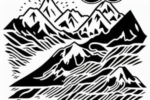 Line art sleeve silhouette of mount Rainer up the forearm and aoraki mount cook  upside down with the peak near the worst with an ocean between them tattoo idea