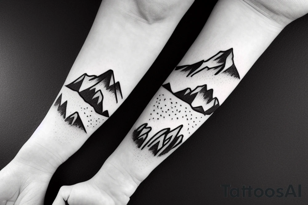 Forearm sleeve with silhouette of mount Rainer up with the peak pointing up the arm and aoraki mount cook  upside down with the peak near the wrist and an ocean between them tattoo idea