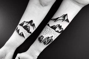 Forearm sleeve with silhouette of mount Rainer up with the peak pointing up the arm and aoraki mount cook  upside down with the peak near the wrist and an ocean between them tattoo idea