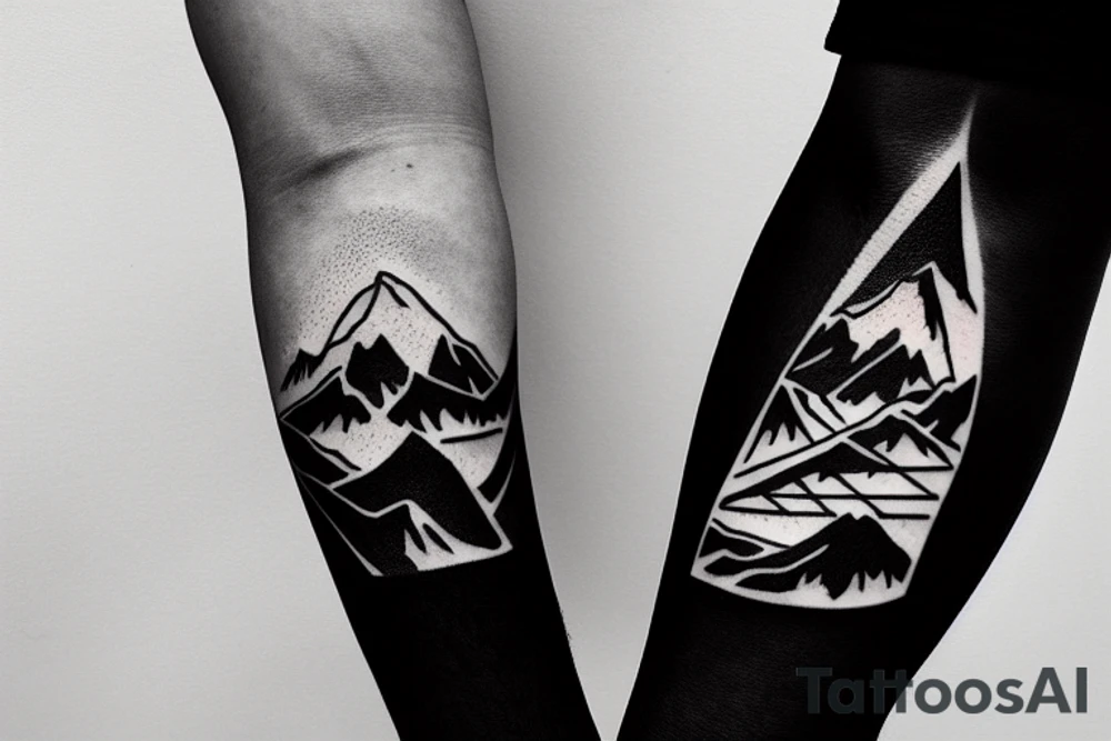 Forearm sleeve with silhouette of mount Rainer up with the peak pointing up the arm and aoraki mount cook  upside down with the peak near the wrist and an ocean between them tattoo idea