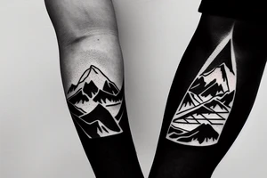 Forearm sleeve with silhouette of mount Rainer up with the peak pointing up the arm and aoraki mount cook  upside down with the peak near the wrist and an ocean between them tattoo idea