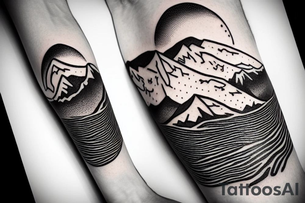 Forearm sleeve with silhouette of mount Rainer up with the peak pointing up the arm and aoraki mount cook  upside down with the peak near the wrist and an ocean between them tattoo idea