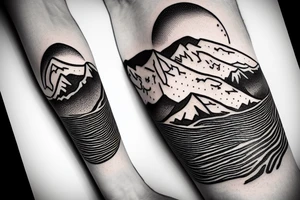 Forearm sleeve with silhouette of mount Rainer up with the peak pointing up the arm and aoraki mount cook  upside down with the peak near the wrist and an ocean between them tattoo idea