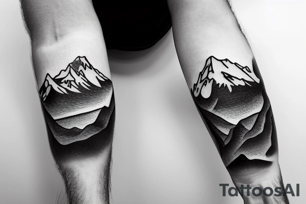 Forearm sleeve with silhouette of mount Rainer up with the peak pointing up the arm and aoraki mount cook  upside down with the peak near the wrist and an ocean between them tattoo idea