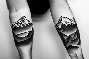 Forearm sleeve with silhouette of mount Rainer up with the peak pointing up the arm and aoraki mount cook  upside down with the peak near the wrist and an ocean between them tattoo idea