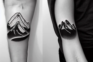 Forearm sleeve with silhouette of mount Rainer up with the peak pointing up the arm and aoraki mount cook  upside down with the peak near the wrist and an ocean between them tattoo idea