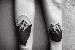 Forearm sleeve with silhouette of mount Rainer up with the peak pointing up the arm and the New Zealand spurrier alps upside down with the peak near the wrist and an ocean between them tattoo idea