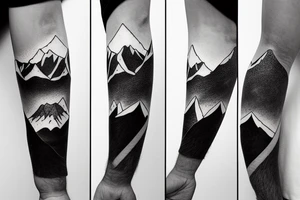 Forearm sleeve with silhouette of mount Rainer up with the peak pointing up the arm and the New Zealand southern alps upside down with the peak near the wrist and an ocean between them tattoo idea