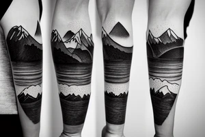 Forearm sleeve with silhouette of mount Rainer up with the peak pointing up the arm and the New Zealand southern alps upside down with the peak near the wrist and an ocean between them tattoo idea