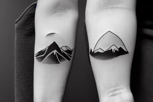 Forearm sleeve with silhouette of mount Rainer up with the peak pointing up the arm and the New Zealand southern alps upside down with the peak near the wrist and an ocean between them tattoo idea