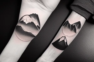 Forearm sleeve with silhouette of mount Rainer up with the peak pointing up the arm and the New Zealand southern alps upside down with the peak near the wrist and an ocean between them tattoo idea