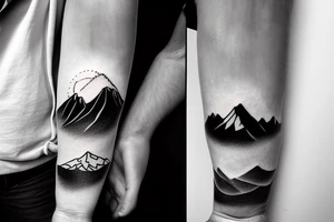 Forearm sleeve with silhouette of mount Rainer up with the peak pointing up the arm and the New Zealand southern alps upside down with the peak near the wrist and an ocean between them tattoo idea