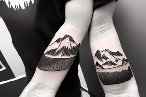 Forearm sleeve with silhouette of mount Rainer up with the peak pointing up the arm and the New Zealand southern alps upside down with the peak near the wrist and an ocean between them tattoo idea