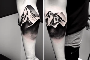 Forearm sleeve with silhouette of mount Rainer up with the peak pointing up the arm and the New Zealand southern alps upside down with the peak near the wrist and an ocean between them tattoo idea