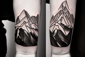 Forearm sleeve with silhouette of mount Rainer up with the peak pointing up the arm and the New Zealand southern alps upside down with the peak near the wrist and an ocean between them tattoo idea