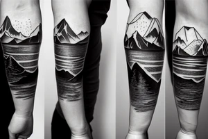 Forearm sleeve with silhouette of mount Rainer up with the peak pointing up the arm and the New Zealand southern alps upside down with the peak near the wrist and an ocean between them tattoo idea