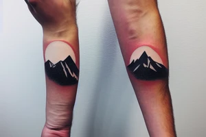 Forearm sleeve with silhouette of mount Rainer up with the peak pointing up the arm and the New Zealand southern alps upside down with the peak near the wrist and an ocean between them tattoo idea