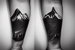 Forearm sleeve with silhouette of mount Rainer up with the peak pointing up the arm and the New Zealand southern alps upside down with the peak near the wrist and an ocean between them tattoo idea